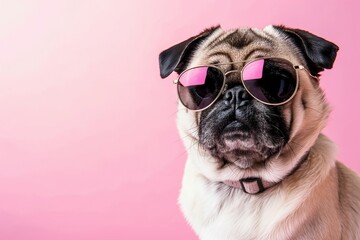 A studio close-up portrait photo of a cute pug dog wearing sunglasses, against a background of pastel shade. Vacation concept. Space for copy.