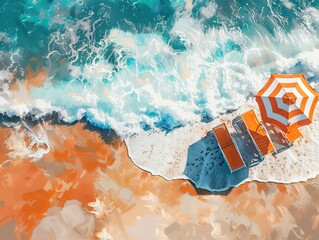 Wall Mural - An aerial view of a beach scene with umbrellas and loungers on the sand, waves crashing on the ocean, and a lifesaver in the water. Stock AI concept.