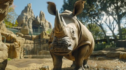 Poster - Close up of a female rhinoceros in a zoo on a sunny day