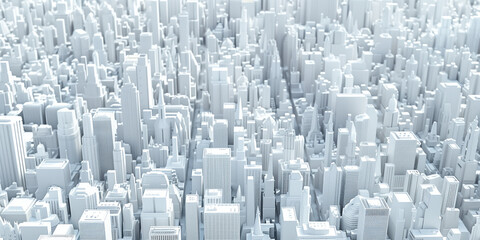 Poster - Birds Eye view of a modern city. Urban concept. White clay 3D rendering. Created with Generative AI technology.