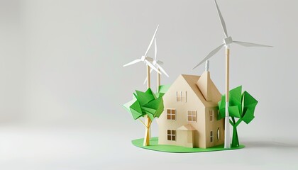 Poster - paper house and wind turbines on white background，Environmental protection concept background map