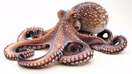 A captivating octopus, with its eight tentacles extended in various directions, rests on a white background, its iridescent skin shimmering. The image highlights the animal's intelligence and complex