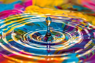 Wall Mural - A high-speed photo of a water droplet causing ripples in a pool of vibrant paint