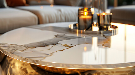 Sticker - A chic coffee table featuring a sleek white marble top embellished with veins of glistening gold, its modern design exuding sophistication and refinement, 