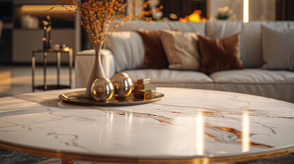Wall Mural - A chic coffee table featuring a sleek white marble top embellished with veins of glistening gold, its modern design exuding sophistication and refinement, 