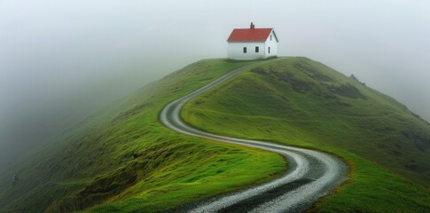 Canvas Print - A small house on top of a green hill.