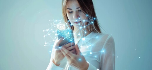 Poster - Finger touch phone, connected to social network by businesswoman