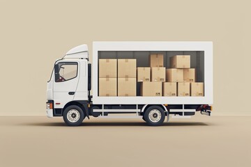 A truck loaded with carton boxes, shipping and delivery of goods