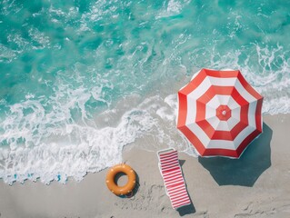 Wall Mural - In the summer vacation concept, an umbrella, chair, and float are shown in red and white on a sandy shore with ocean waves. Aerial view. Stock AI concept.