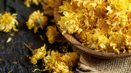 Dry Chrysanthemum flower for tea in a close up view