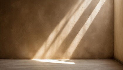Poster - minimalistic background of empty beige brown wall with sun rays for presentation, texture