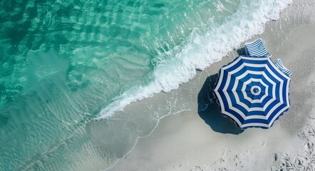 Wall Mural - Beach scene with umbrella, chair, and float on sandy shore. It is a vacation concept. Stock artificial intelligence.