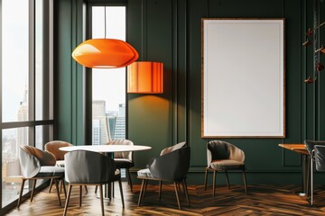 Wall Mural - A mockup of an interior of a green home living room with panoramic windows and a table