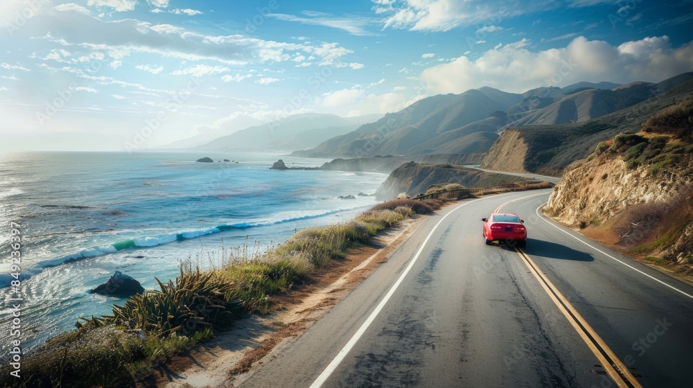 A car driving along a coastal road with the ocean on one side and ...