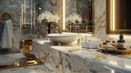 Wall Mural - A luxurious bathroom vanity crafted from pristine white marble embellished with delicate streaks of gold, its refined beauty immortalized in stunning detail by the lens of a UHD camera