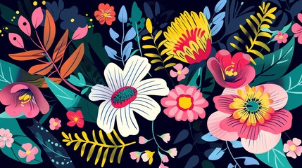 Wall Mural - A colorful, graphic floral pattern with flowers and leaves on a dark background.