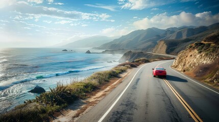 A car driving along a coastal road with the ocean on one side and mountains on the other, capturing the freedom of a road trip