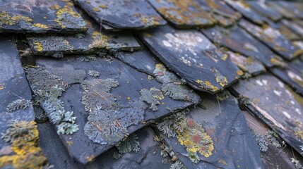 Poster - Growth of mold mildew and moss on an aged roof with growth visible from every crevice of the shingles indicating the necessity for replacement in a suburban dwelling