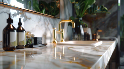 Wall Mural - A luxurious marble countertop in pristine white adorned with delicate veins of gold, its smooth surface capturing the essence of timeless elegance, immortalized in flawless detail by a UHD camera.