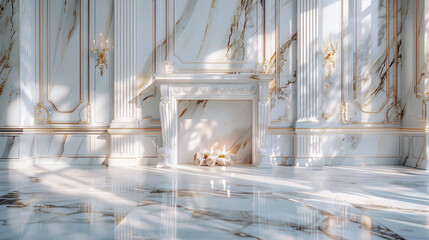 Wall Mural - A majestic marble fireplace mantel crafted from exquisite white marble infused with veins of shimmering gold, its grandeur magnified by the precision of a UHD camera, radiating warmth and luxury.