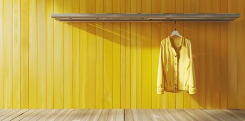 Poster - There are a lot of clothes on a wooden rack, a minimalist design, a neutral yellow background, a wooden floor, and this concept is based on fashion and shopping. It is a stock AI.