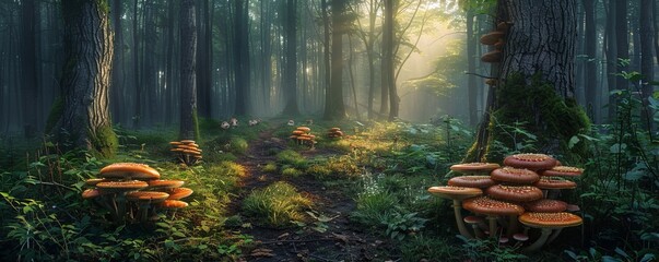 Enchanting forest grove with a hidden fairy circle of mushrooms, 4K hyperrealistic photo