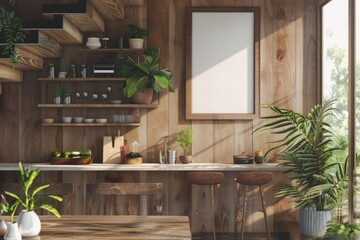 Kitchen interior with stool seating and a blank poster on the wall, light background, home decor concept. 3D rendering.