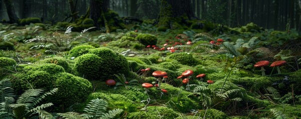 Wall Mural - Moss-covered forest floor with vibrant mushrooms and ferns, 4K hyperrealistic photo
