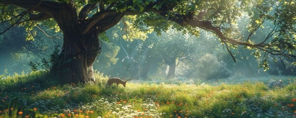 Wall Mural - Enchanting forest grove with a hidden tree spirit watching over the animals, 4K hyperrealistic photo