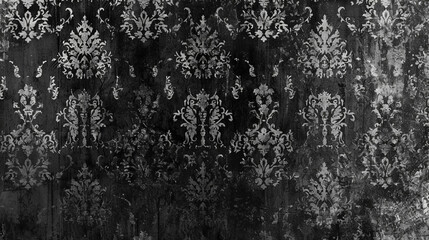 Wall Mural - A refined black wallpaper with an intricate damask pattern and a distressed grunge texture, exuding vintage elegance.