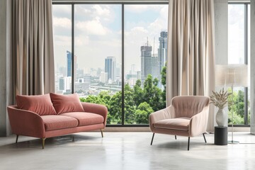 Wall Mural - Living room with pink and beige sofas and a marble table, cityscape background, contemporary interior design concept, light space. 3D rendering.