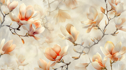 Wall Mural - A seamless watercolor pattern of delicate magnolia blossoms, their creamy petals unfolding in graceful elegance across the canvas.