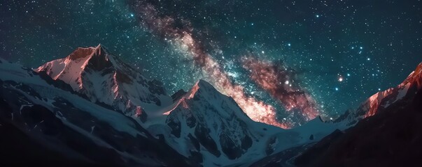 Wall Mural - Snow-capped peaks illuminated by the soft glow of the Milky Way, 4K hyperrealistic photo