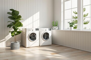 Wall Mural - Interior of a laundry room with shelves, washers, and a mock-up wall