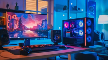 Aufkleber - A desk with a computer monitor and compact desktop speakers, set up for an immersive gaming experience