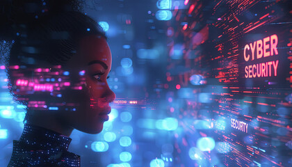 Wall Mural - AI cyber hacking concept banner. Black female cyberspace security IT specialist analysing data threats. African american ai robot, side profile. Matrix digital number rain code. Picture a vibrant, neo