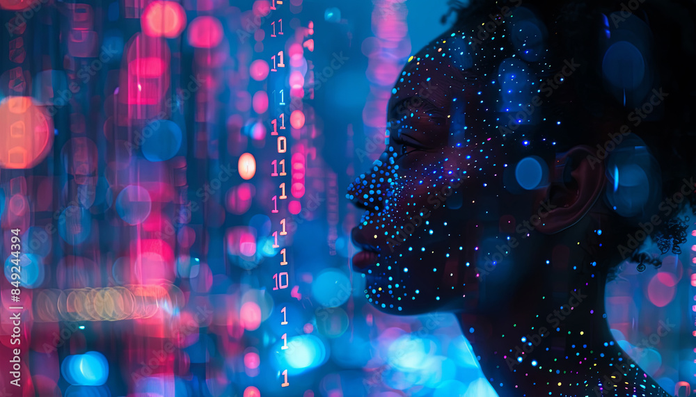 AI cyber hacking concept banner. Black female cyberspace security IT ...