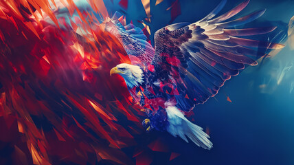 Bold graphic artwork of eagle flying with US flag-themed burst background, illustrating 4th July Independence Day, America concept