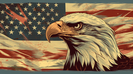 Eagle head with US flag-themed background in graphic vector art, representing 4th of July celebration