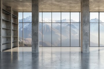 Poster - A panoramic window looks out over the countryside from a beige office interior