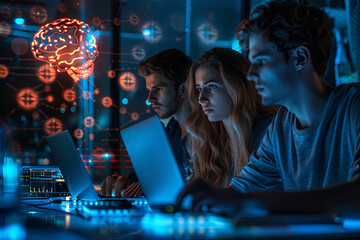 Wall Mural - Modern office, employees work at a laptop, neuro networks in the background, realism, looks straight, high-detail photo, dark background