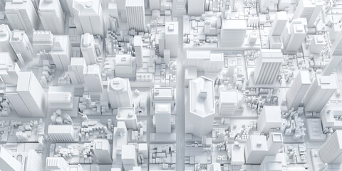 Poster - Birds Eye view of a modern city. Urban concept. White clay 3D rendering. Created with Generative AI technology.