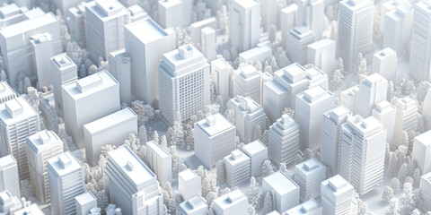 Poster - Birds Eye view of a modern city. Urban concept. White clay 3D rendering. Created with Generative AI technology.