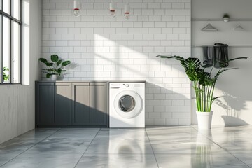 An interior of a grey home laundry room with a washing machine and sink, and a panoramic window