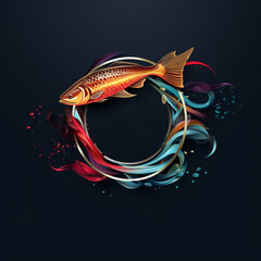 a gold fish in a circle with colorful ribbons around it
