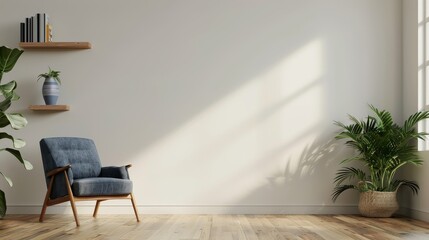 Poster - Modern Living Room Interior Design with Wooden Floor, Beige Wall, Blue Armchair, Bookshelf, and Potted Plant on Side Table. Perfect for Text Mockup Space and Stylish Home Decor.