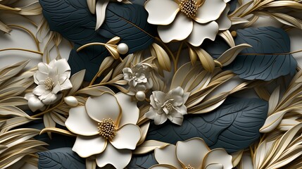 Wall Mural - Elegant bouquet of white flowers and gold leaves seamless pattern