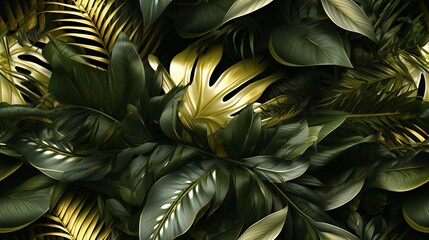 Wall Mural - A vibrant array of tropical leaves and flowers background seamless pattern