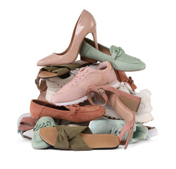 Wall Mural - Pile of different female shoes isolated on white