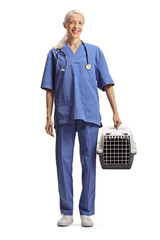 Sticker - Female veterinarian in a blue uniform holding a pet carrier